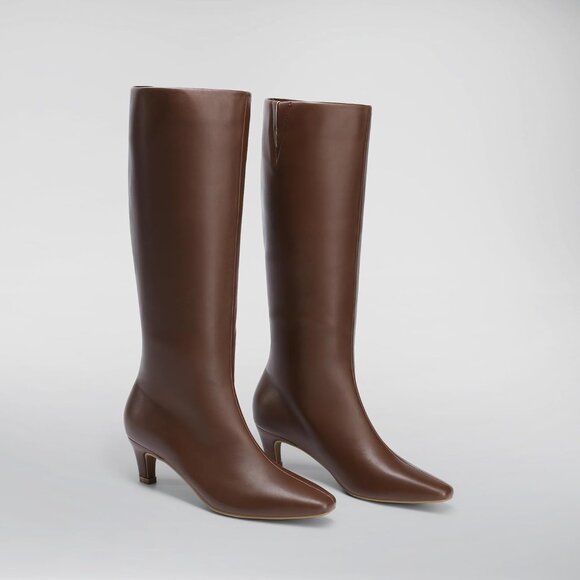 Women Brown Knee High Boots 2 Inch Kitten Heel Fashion Sexy Square Toe Wide Calf - Picture 6 of 8